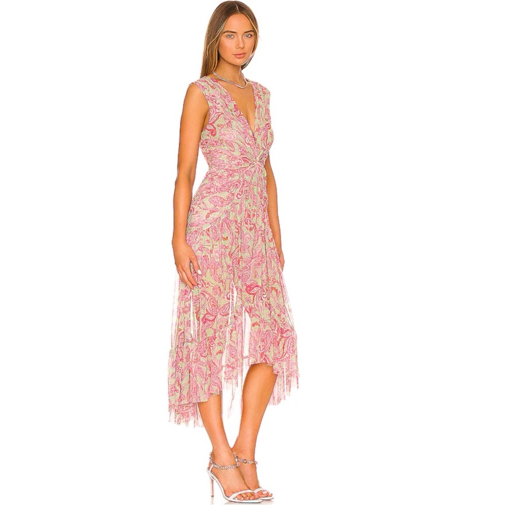 MISA PINK GREEN VINTAGE PAISLEY PRINT AVA MESH TWIST FRONT SLEEVELESS MIDI DRESS - Picture 14 of 14